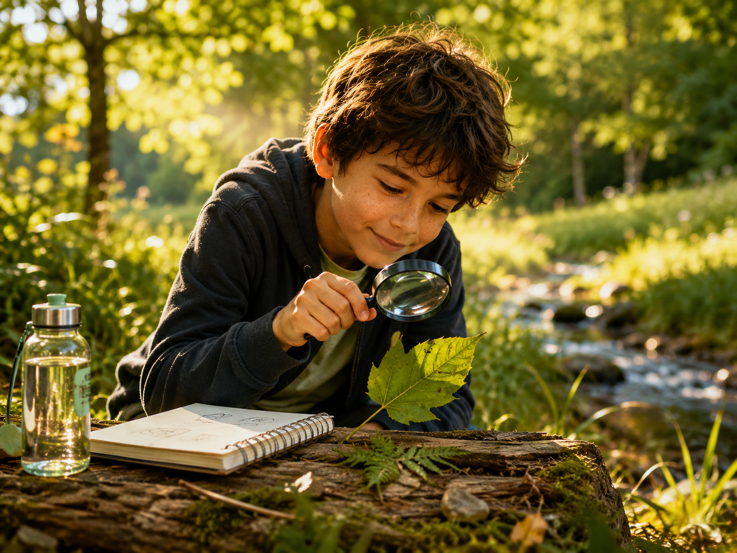 A child curiously explores and experiments outdoors in nature